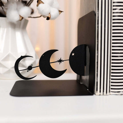 Metal Moon Phases Bookends Set with Celestial Minimalist Design - Metaloslav 
