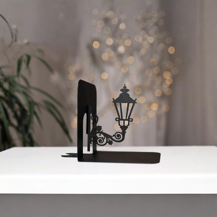Metal Bookends Pair with Street Lamp Silhouette Decorative Design