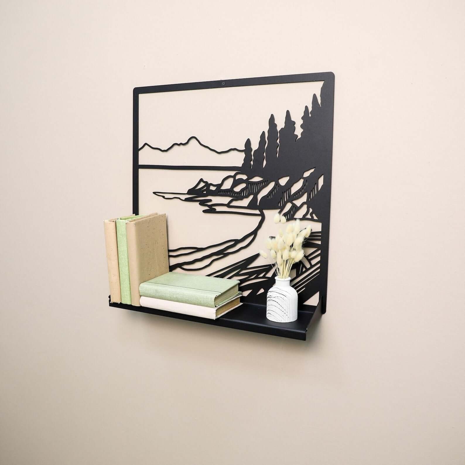 Metal Landscape Wall Shelf with Cutout Design for Books and Decor - Metaloslav 