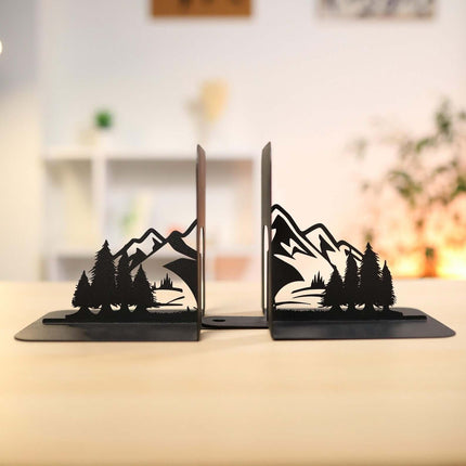 Metal Bookends Pair with Mountain and Forest Landscape Silhouette - Metaloslav 