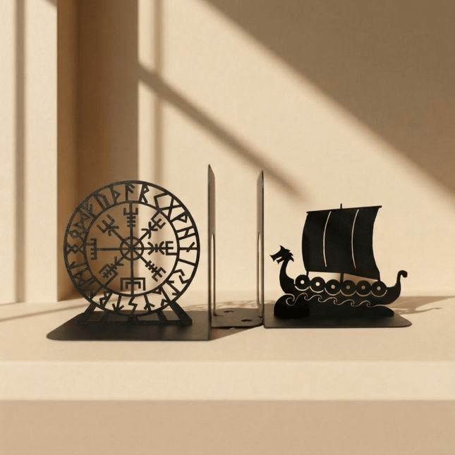 Metal Bookends Pair with Viking Drakkar Ship and Vegvisir Symbol - Metaloslav 