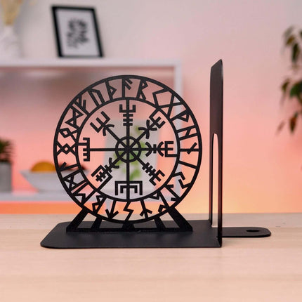 Metal Bookends Pair with Viking Drakkar Ship and Vegvisir Symbol - Metaloslav 