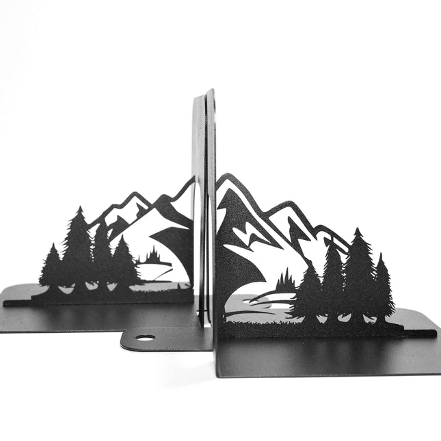 Metal Bookends Pair with Mountain and Forest Landscape Silhouette - Metaloslav 