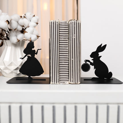 Metal Bookends – Alice and White Rabbit Silhouette Book Holder | Artistic Home & Office Shelf Decor
