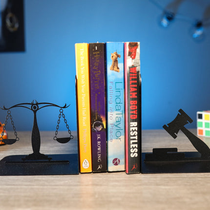 Lawyer Metal Bookends – Scales of Justice & Gavel Design | Elegant Steel Holder for Office & Library Decor