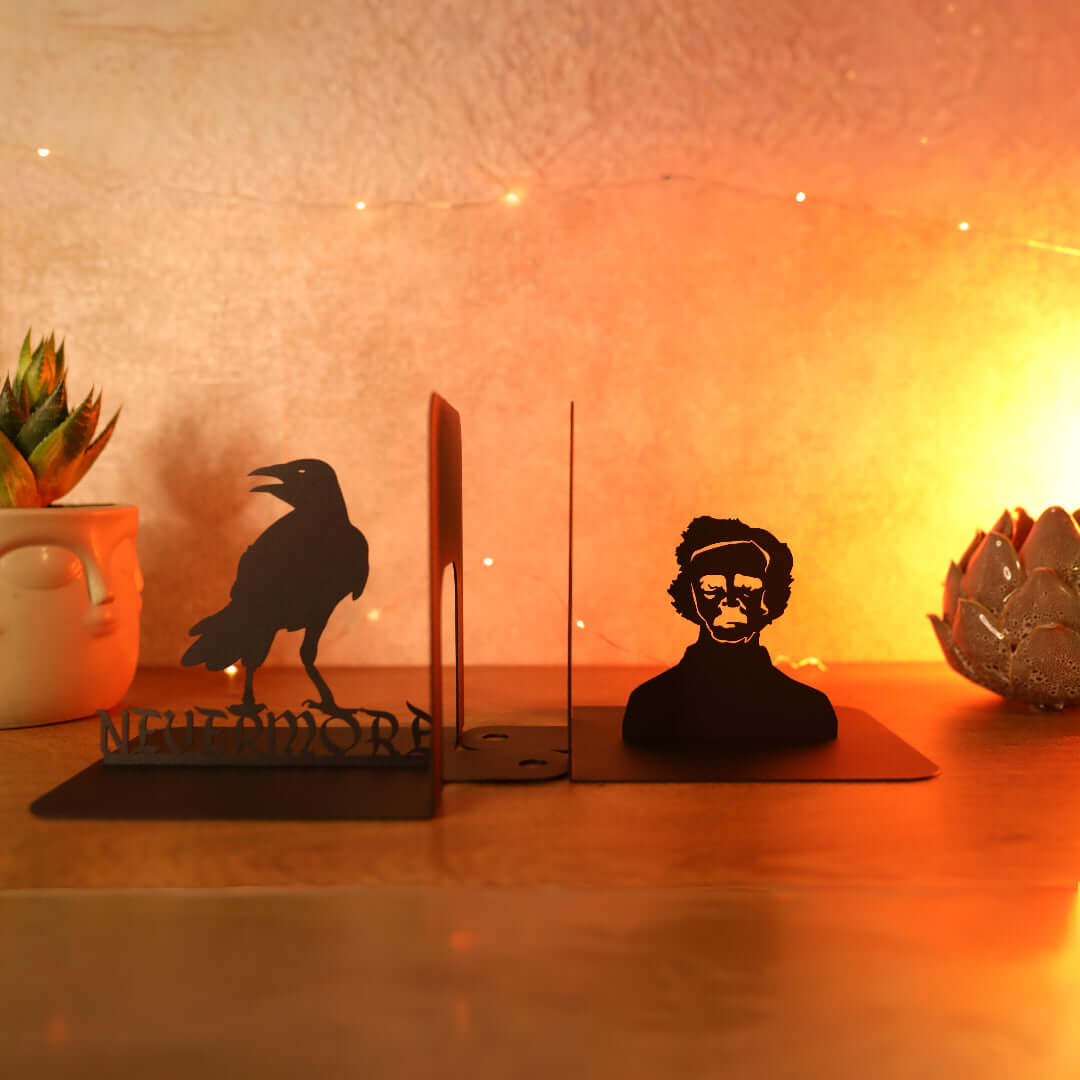 Edgar Allan Poe Raven Metal Bookends with Nevermore Quote - Metaloslav 