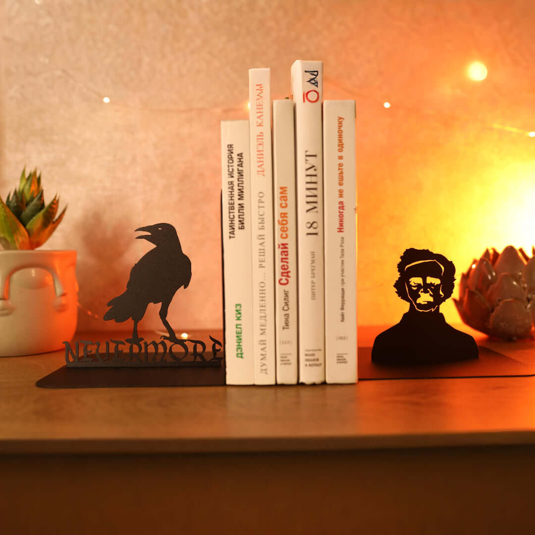 Edgar Allan Poe Raven Metal Bookends with Nevermore Quote - Metaloslav 