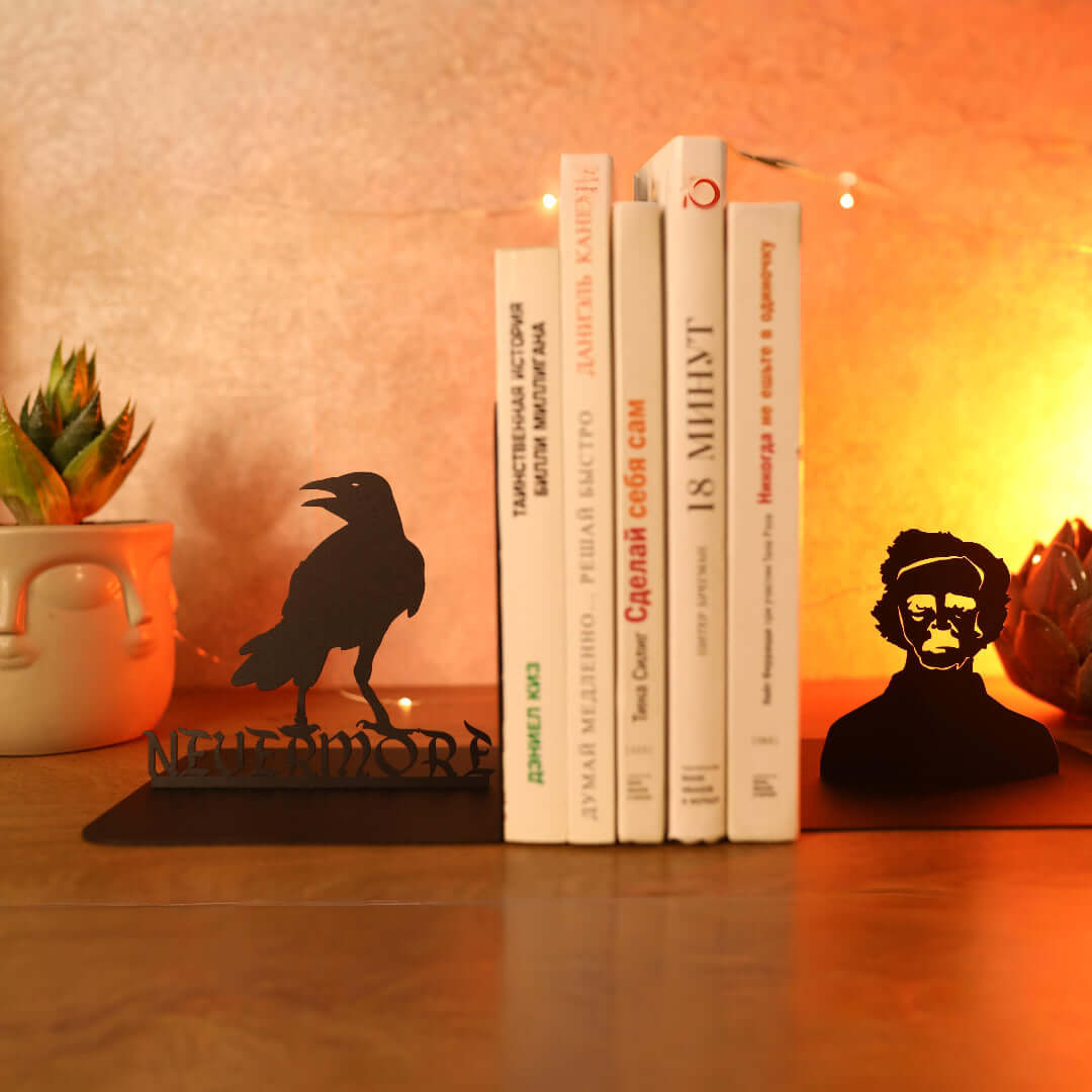 Edgar Allan Poe Raven Metal Bookends with Nevermore Quote - Metaloslav 