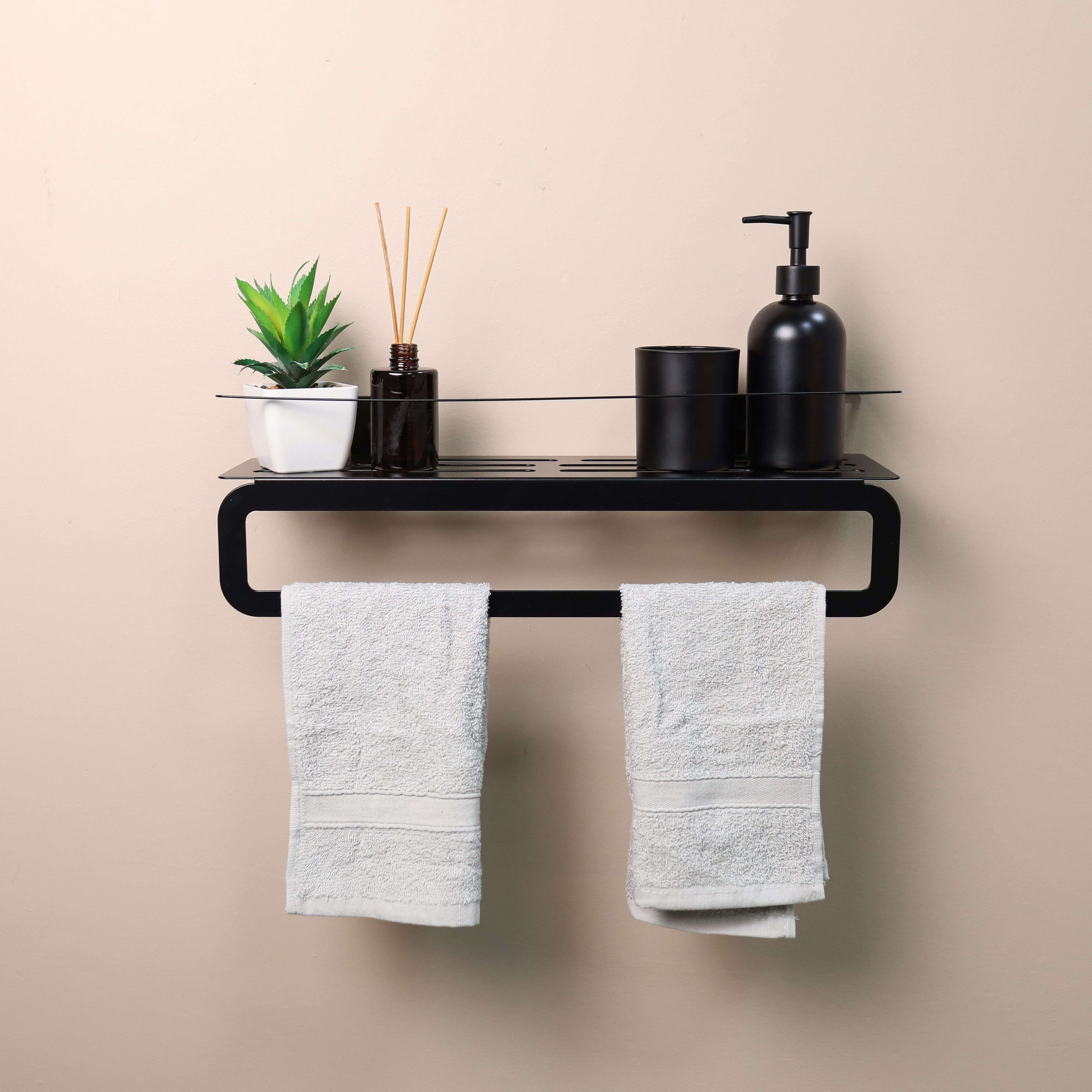 Wall Mounted Metal Bathroom Shelf with Integrated Towel Bar - Metaloslav 
