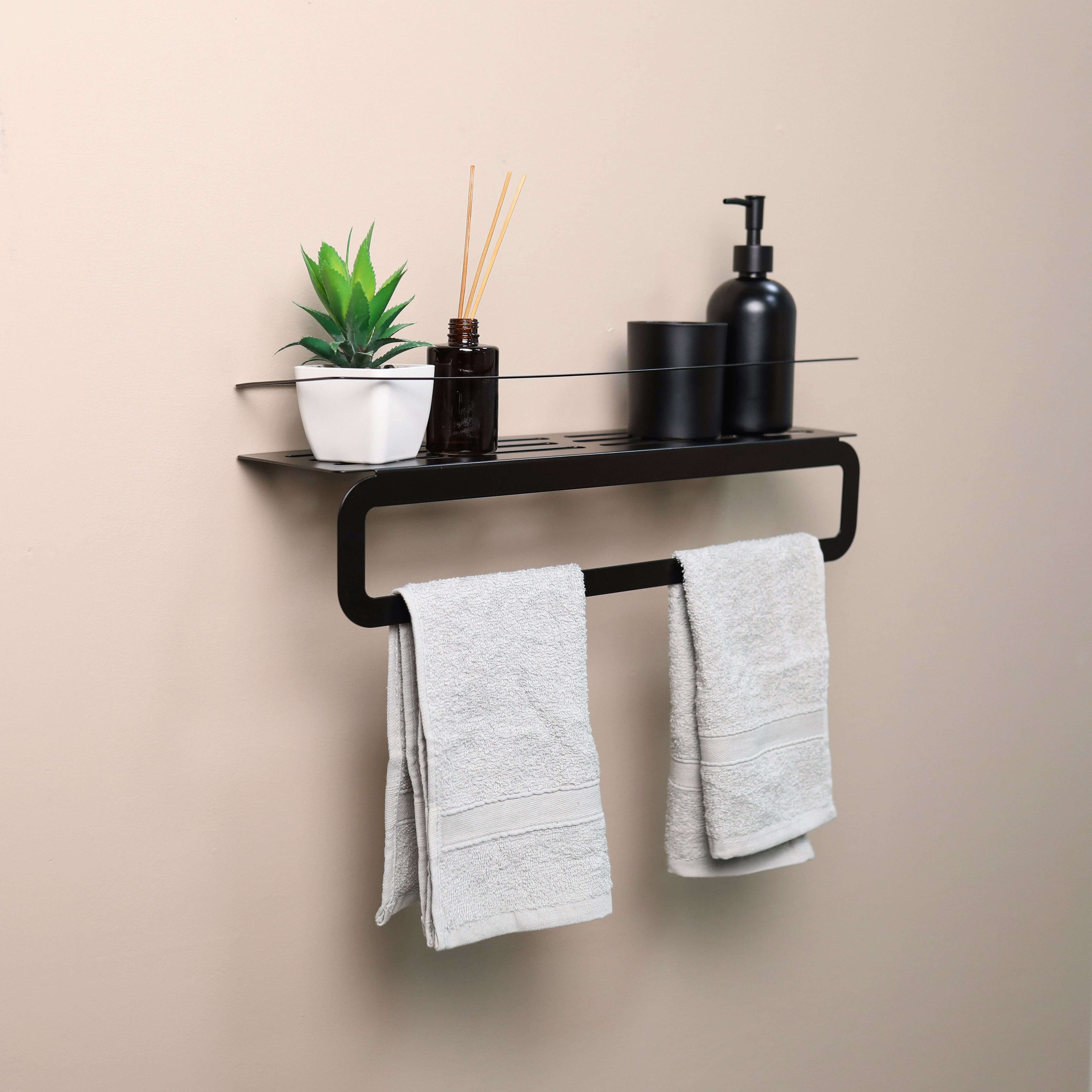 Wall Mounted Metal Bathroom Shelf with Integrated Towel Bar - Metaloslav 