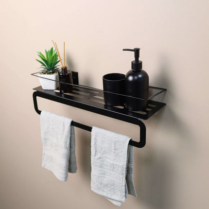 Wall Mounted Metal Bathroom Shelf with Integrated Towel Bar - Metaloslav 