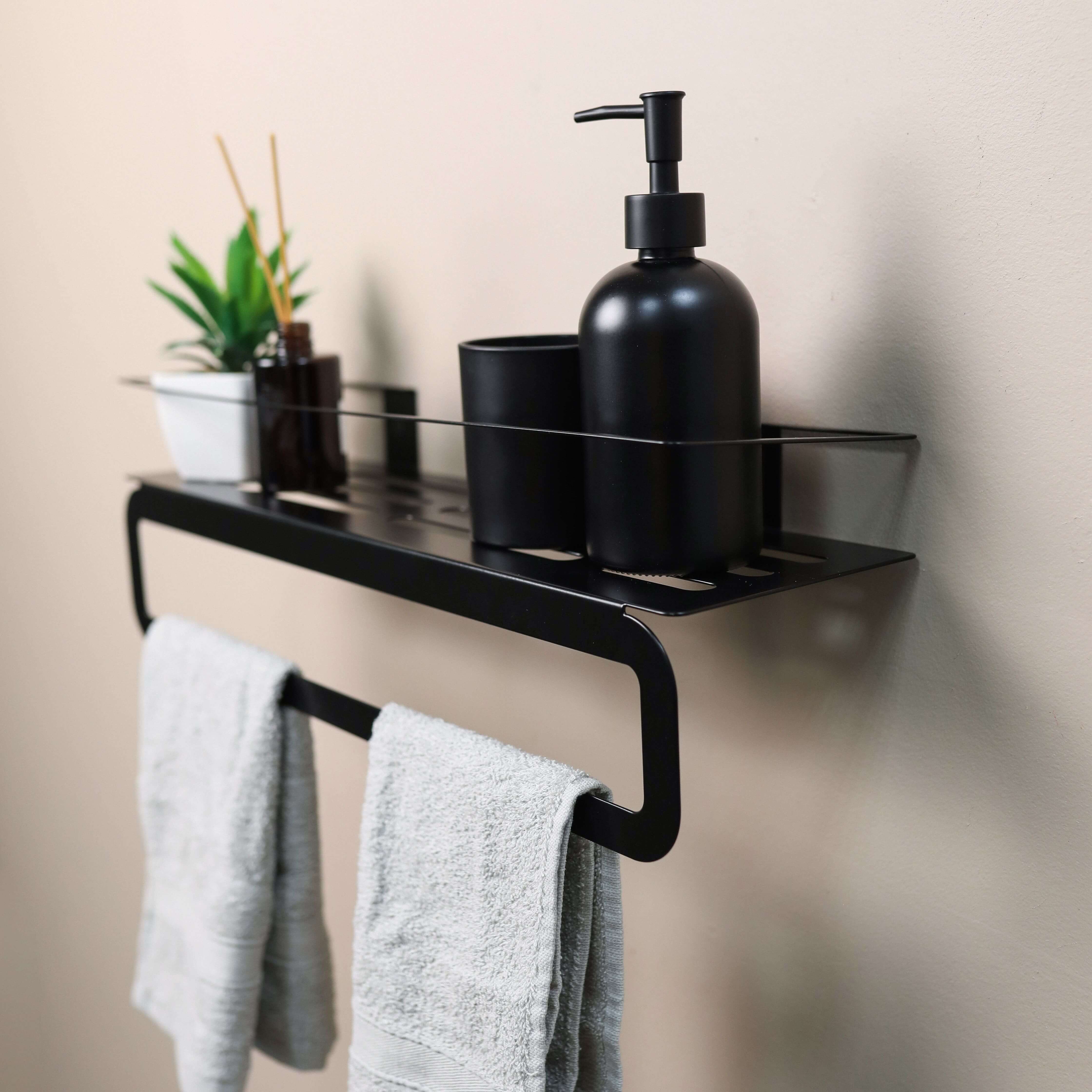Wall Mounted Metal Bathroom Shelf with Integrated Towel Bar - Metaloslav 