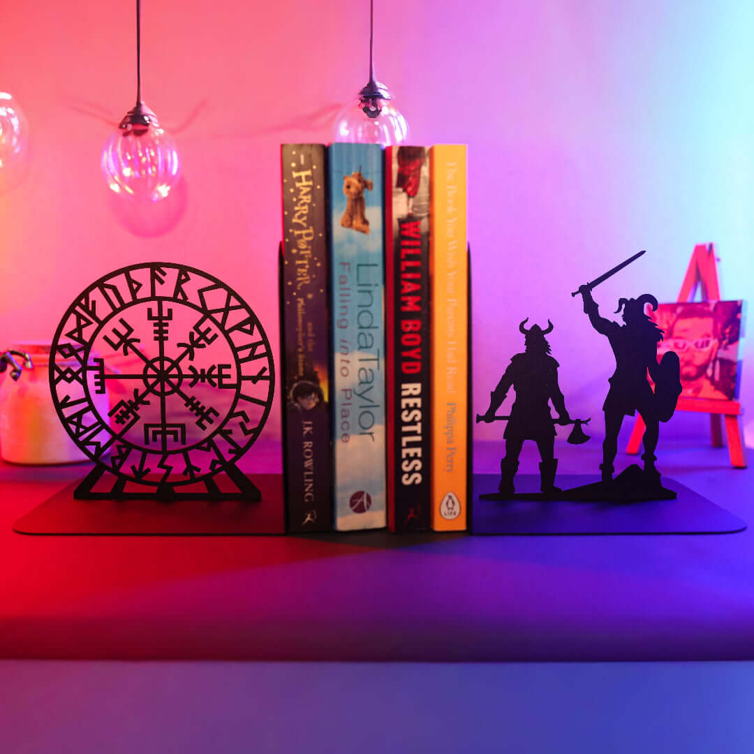 Viking Warrior and Nordic Compass Metal Bookends in Powder-Coated Steel - Metaloslav 