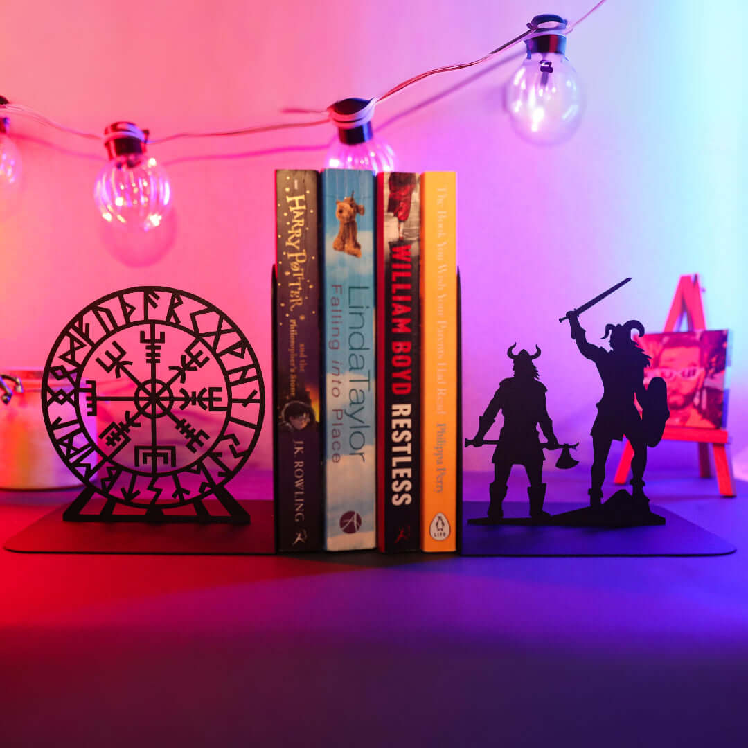 Viking Warrior and Nordic Compass Metal Bookends in Powder-Coated Steel - Metaloslav 