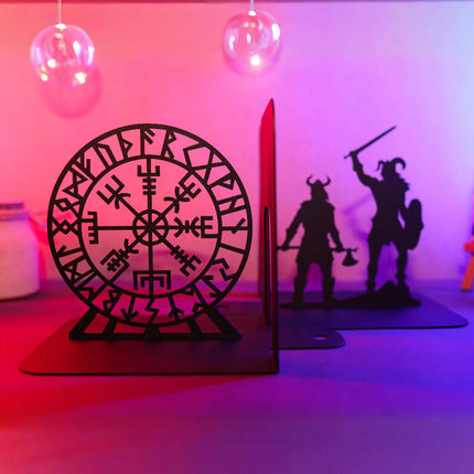 Viking Warrior and Nordic Compass Metal Bookends in Powder-Coated Steel - Metaloslav 