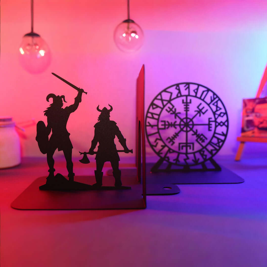 Viking Warrior and Nordic Compass Metal Bookends in Powder-Coated Steel - Metaloslav 
