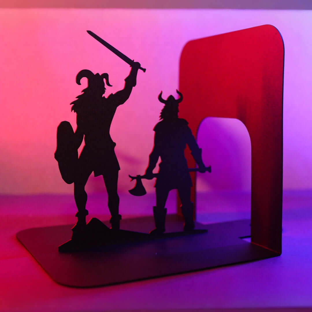 Viking Warrior and Nordic Compass Metal Bookends in Powder-Coated Steel - Metaloslav 