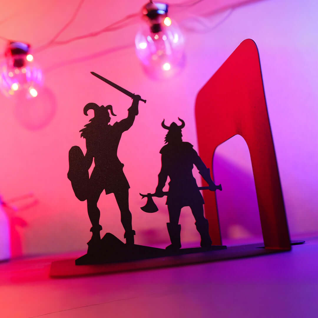 Viking Warrior and Nordic Compass Metal Bookends in Powder-Coated Steel - Metaloslav 