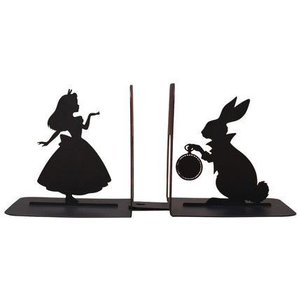 Metal Bookends – Alice and White Rabbit Silhouette Book Holder | Artistic Home & Office Shelf Decor