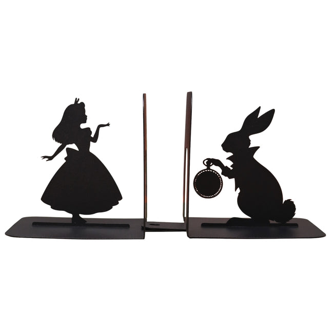 Metal Bookends – Alice and White Rabbit Silhouette Book Holder | Artistic Home & Office Shelf Decor