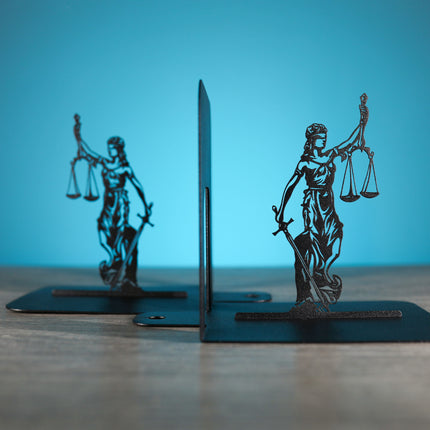Metal Bookends Pair with Lady Justice Femida Silhouette Legal Design
