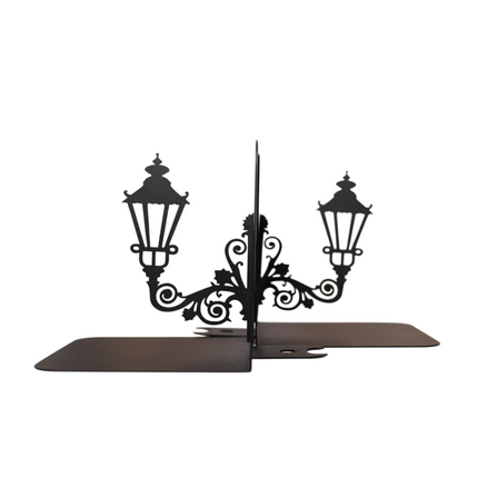 Metal Bookends Pair with Street Lamp Silhouette Decorative Design