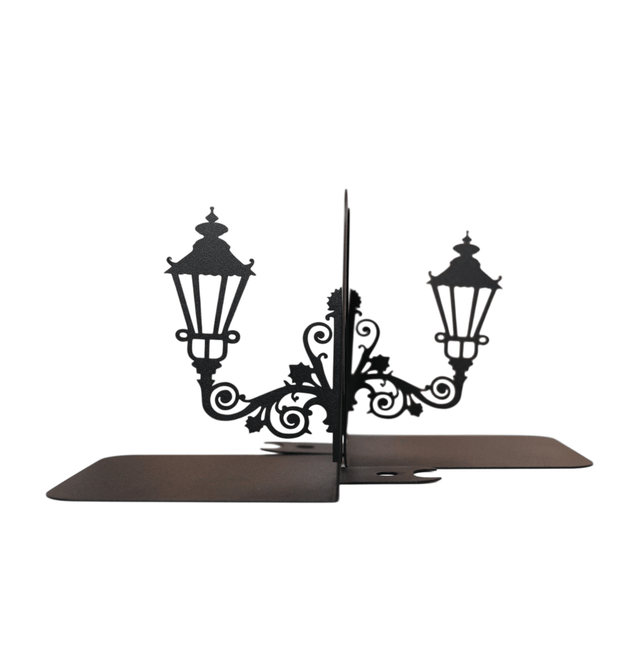 Metal Bookends Pair with Street Lamp Silhouette Decorative Design - Metaloslav 