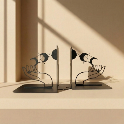 Metal Bookends Pair with Moon Phase and Hands Celestial Design