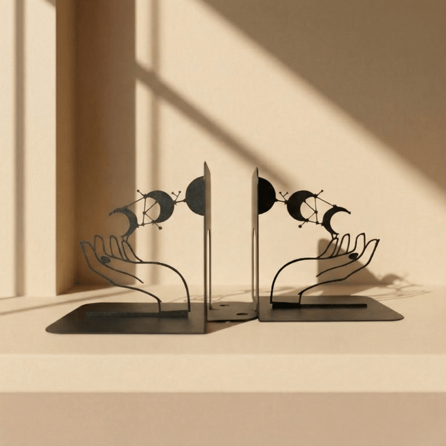 Metal Bookends Pair with Moon Phase and Hands Celestial Design - Metaloslav 