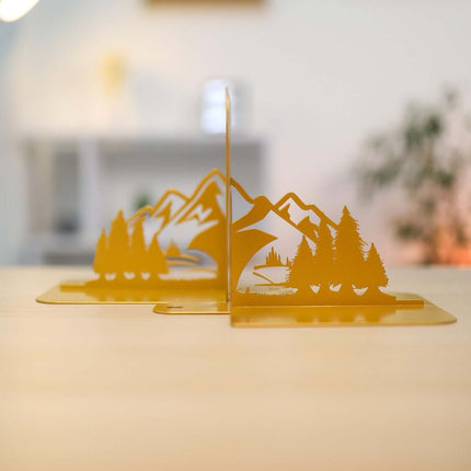 Metal Bookends Pair with Mountain and Forest Landscape Silhouette - Metaloslav 