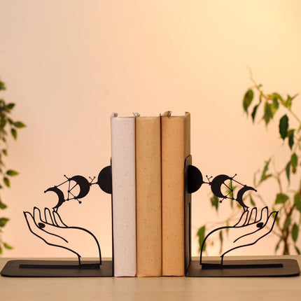 Metal Bookends Pair with Moon Phase and Hands Celestial Design