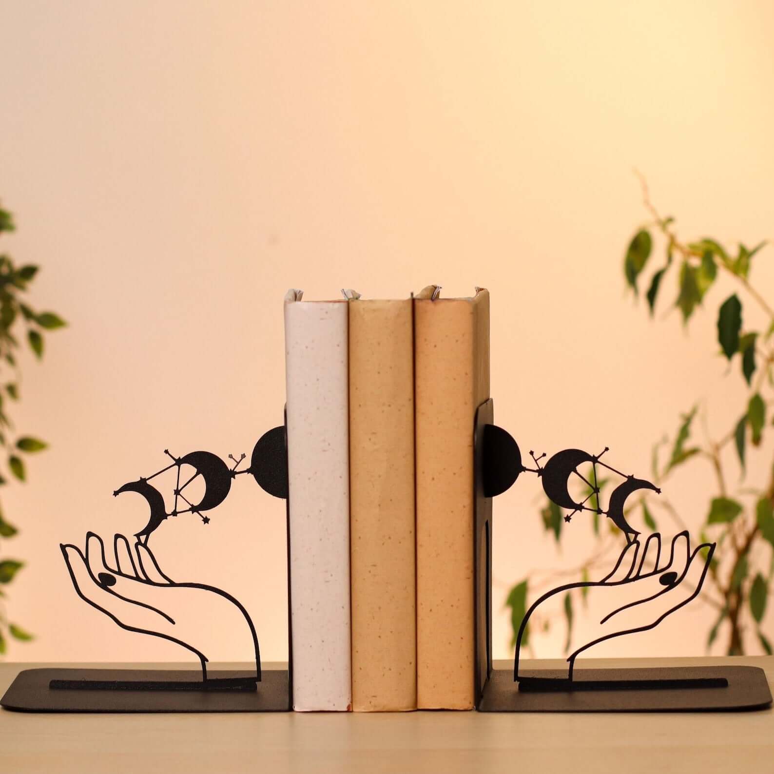 Metal Bookends Pair with Moon Phase and Hands Celestial Design - Metaloslav 