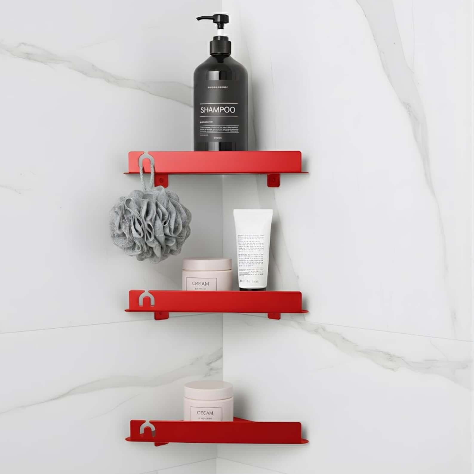 Modern Metal Corner Shower Shelf with Geometric Cutouts, Wall Mounted - Metaloslav 