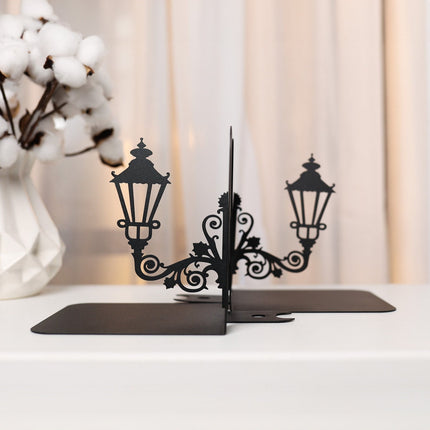Metal Bookends Pair with Street Lamp Silhouette Decorative Design