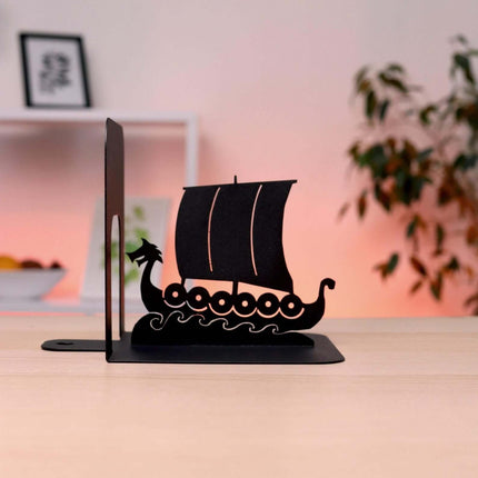 Metal Bookends Pair with Viking Drakkar Ship and Vegvisir Symbol - Metaloslav 
