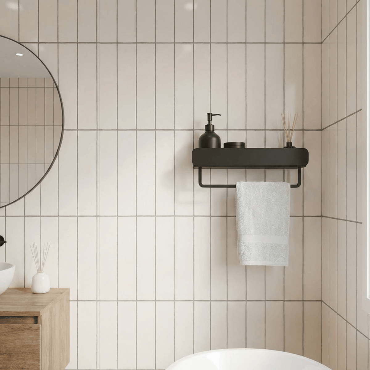 Bathroom with tiled walls, a black shelf with a towel and bottles, and a round mirror.