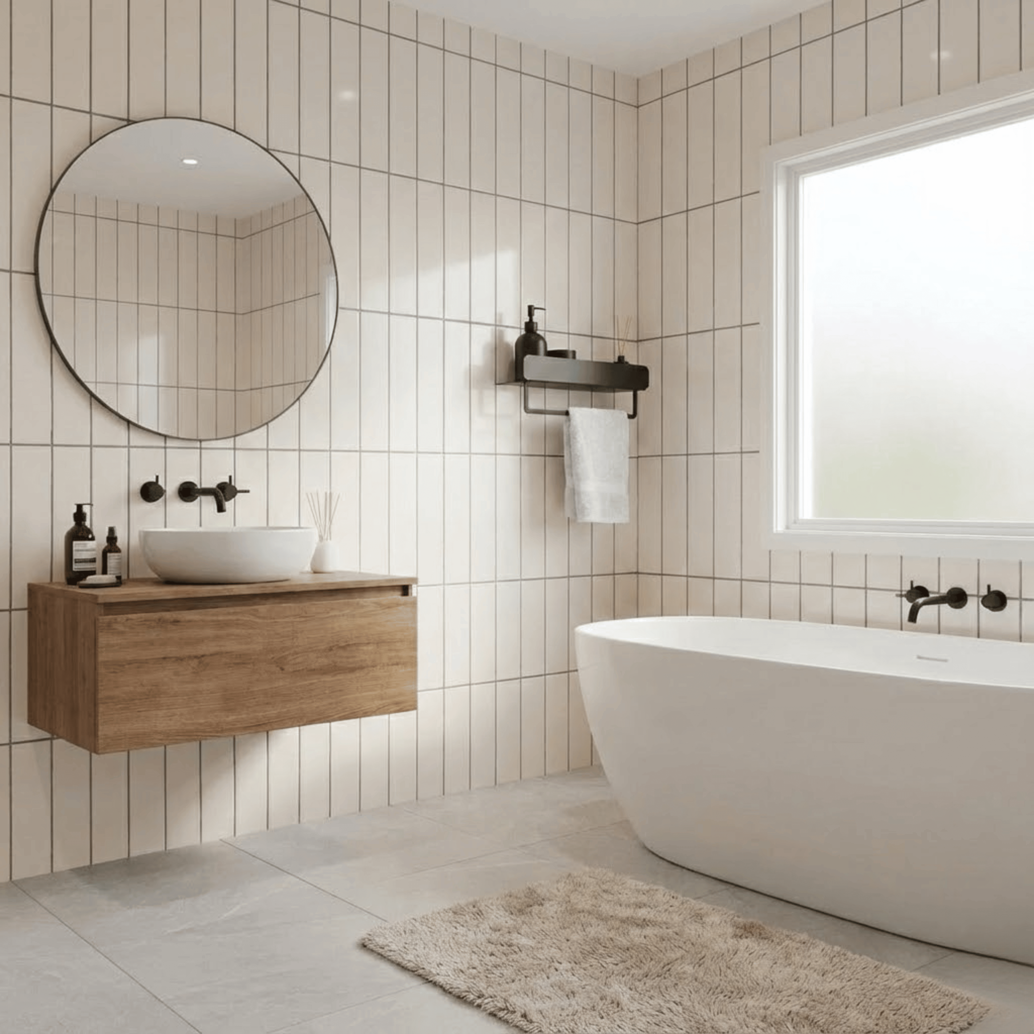 Metal wall shelf in modern bathroom with wooden vanity, round mirror, and freestanding bathtub.