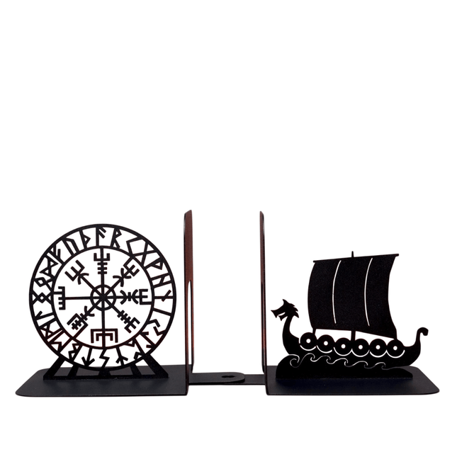 Metal Bookends Pair with Viking Drakkar Ship and Vegvisir Symbol - Metaloslav 