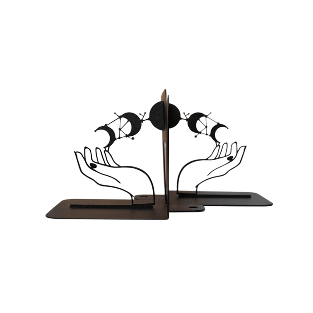 Metal Bookends Pair with Moon Phase and Hands Celestial Design - Metaloslav 
