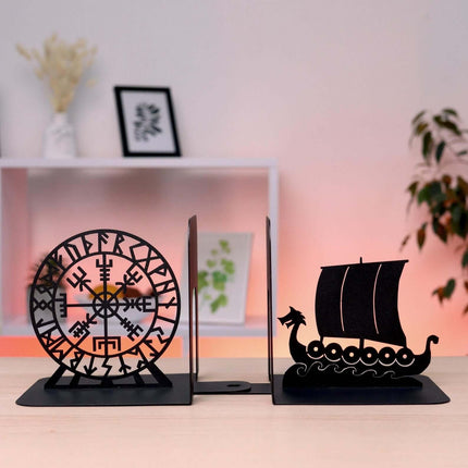 Metal Bookends Pair with Viking Drakkar Ship and Vegvisir Symbol - Metaloslav 