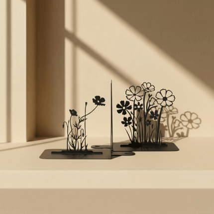 Metal Flower Bouquet Bookends Set with Floral Silhouette Design - Metaloslav 