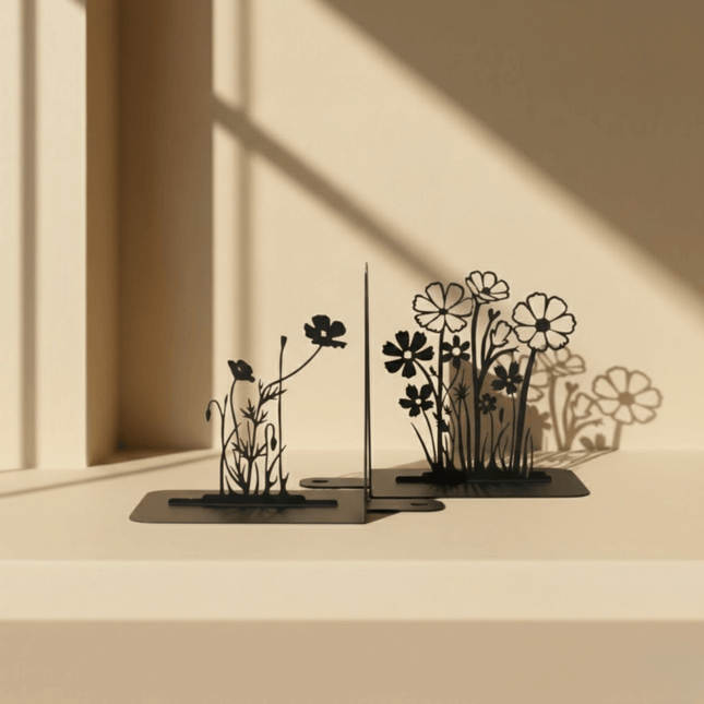 Metal Flower Bouquet Bookends Set with Floral Silhouette Design - Metaloslav 