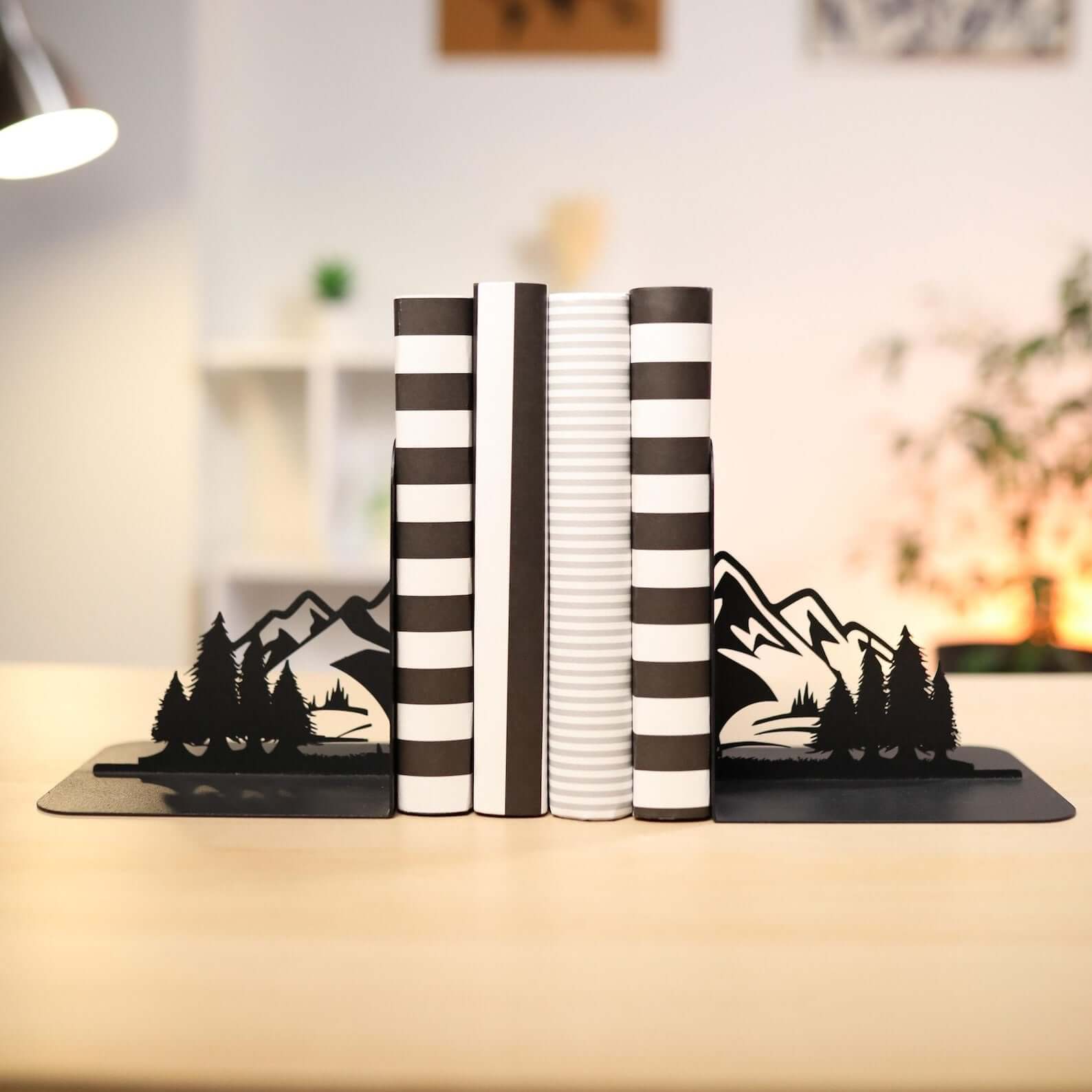 Metal Bookends Pair with Mountain and Forest Landscape Silhouette - Metaloslav 