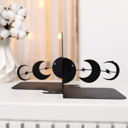 Metal Moon Phases Bookends Set with Celestial Minimalist Design - Metaloslav 