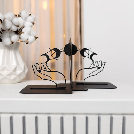 Metal Bookends Pair with Moon Phase and Hands Celestial Design