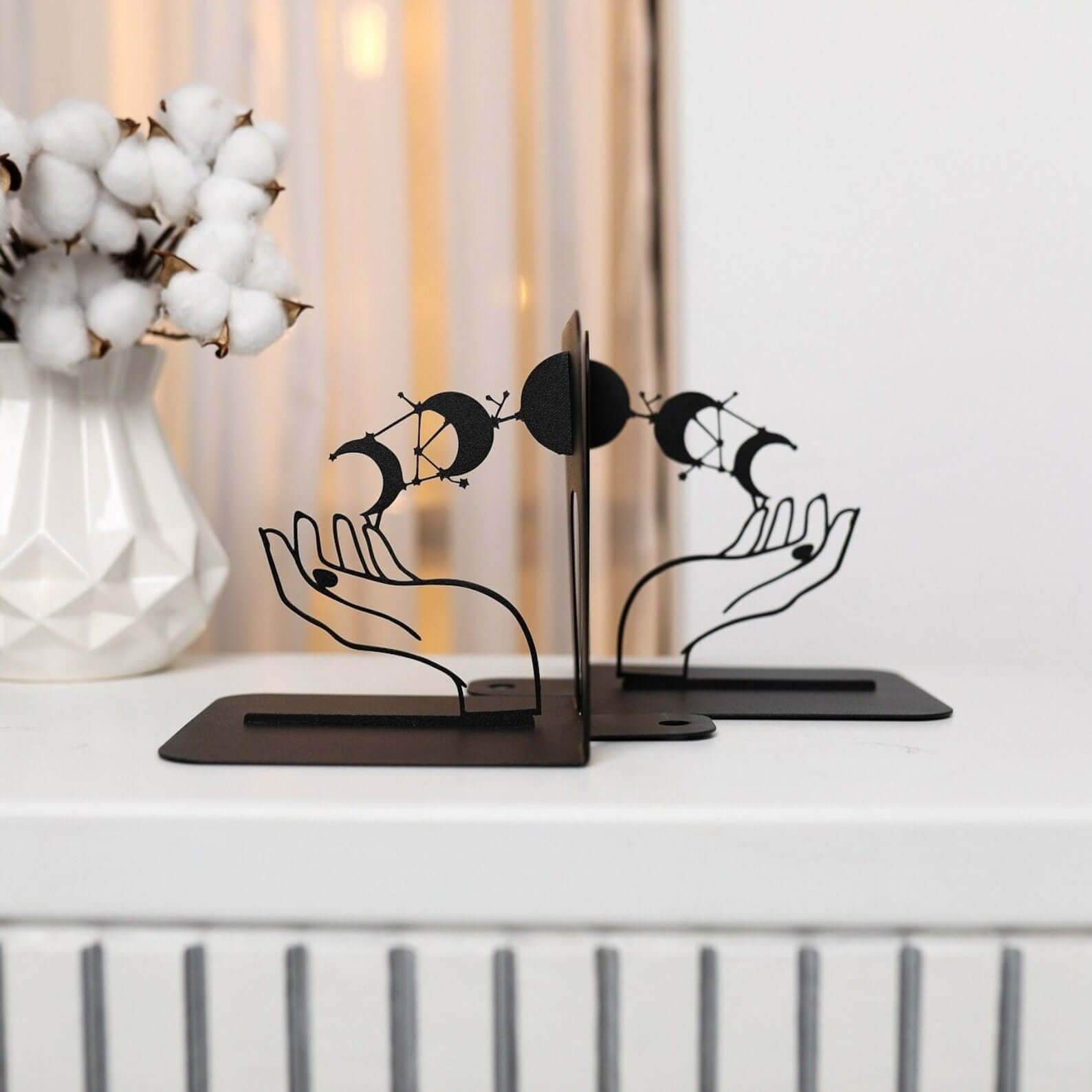 Metal Bookends Pair with Moon Phase and Hands Celestial Design - Metaloslav 