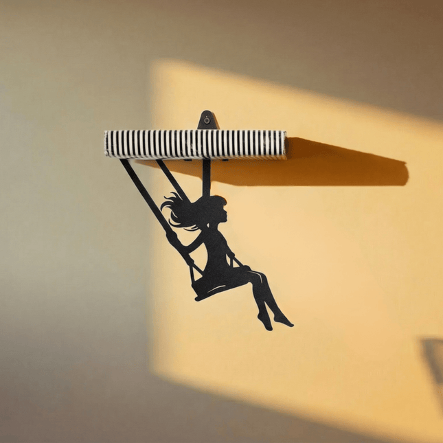 Metal Floating Shelf Girl on Swing Silhouette with Minimalist Hanging Design - Metaloslav 