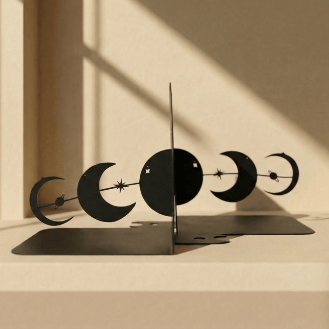 Metal Moon Phases Bookends Set with Celestial Minimalist Design - Metaloslav 