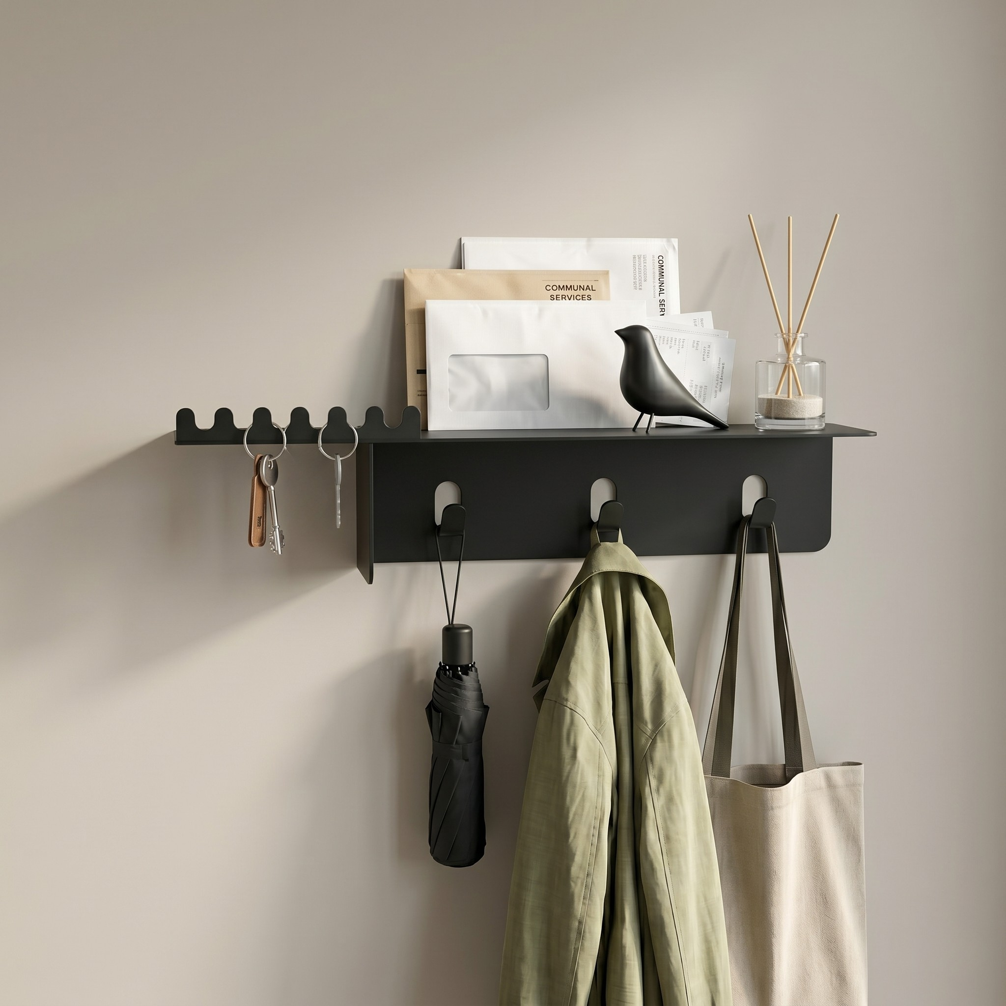Metal Wall Shelf with Hooks for Bathroom Storage