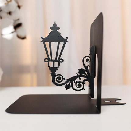 Metal Bookends Pair with Street Lamp Silhouette Decorative Design